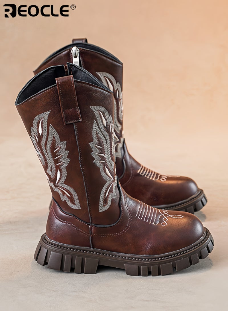 REOCLE Girl's Western Boots with Embroidered Cowgirl Design and Mid Calf Height Cowboy Riding Boots with Durable Construction for Little Big Kid Wear - Image 5